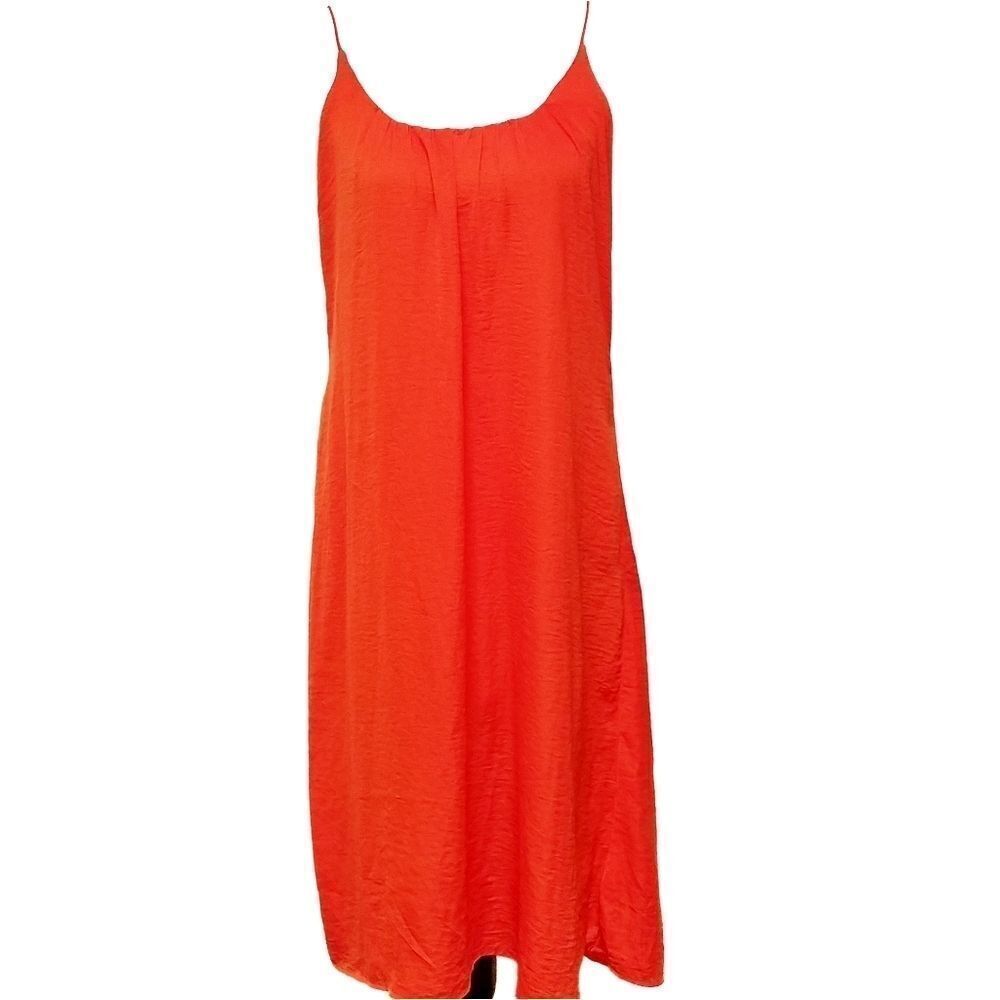 H&m Neon Orange Pleated Spaghetti Strap Midi Dress
